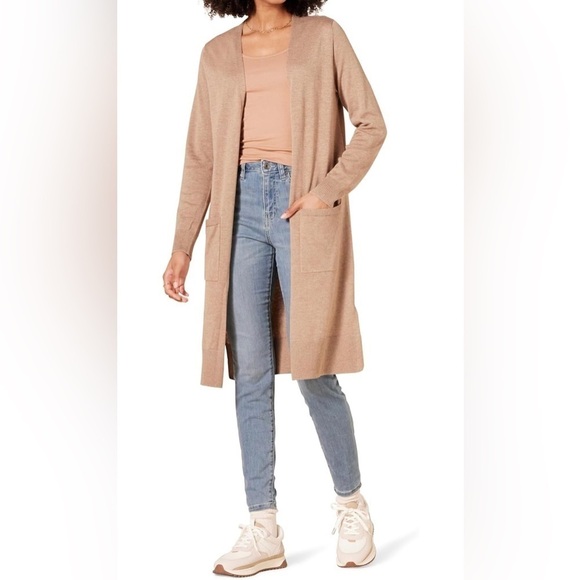 Amazon Essentials Women's Lightweight Longer Length Open Cardigan Sweater Tan XS - Picture 1 of 9